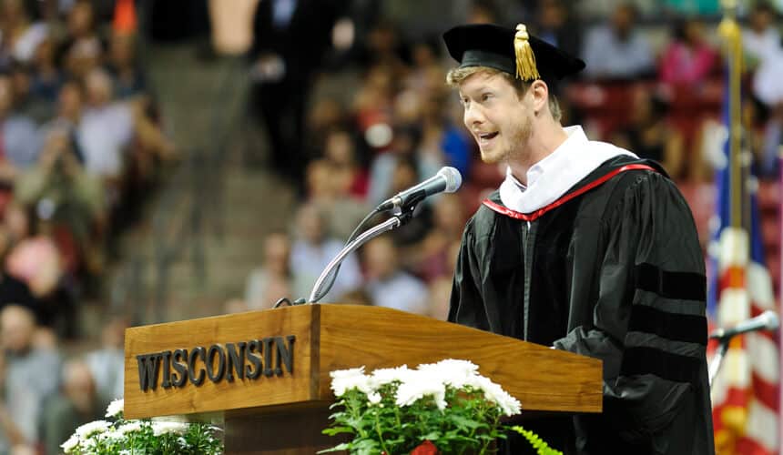 Anders Holm speaking at UW-Madison commencement.