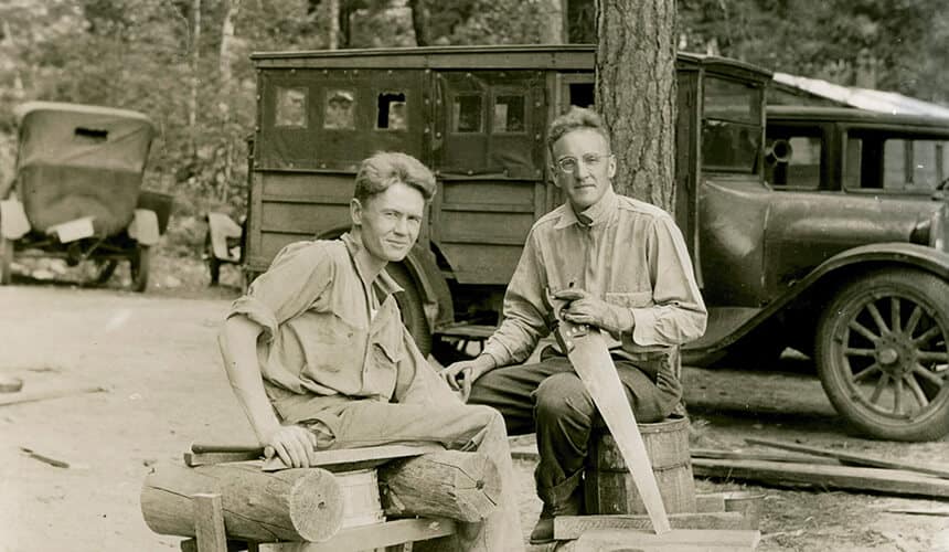 As graduate students, Hasler (right) and Hugo Baum build lime floats at Trout Lake Research Station, 1933.
