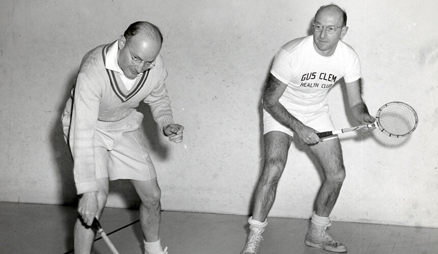 Arthur Jr. competing in a squash tournament in Chicago, IL. 1950s against Stanley Kaplan.