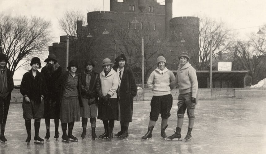 UW students ice skating in what is now called Library Mall. The iconic Red Gym is in the background.