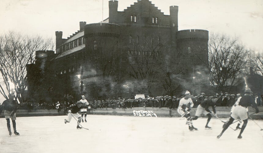 The 1922 Ice Carnival offered the campus the chance to skate or play hockey on frozen Lake Mendota.