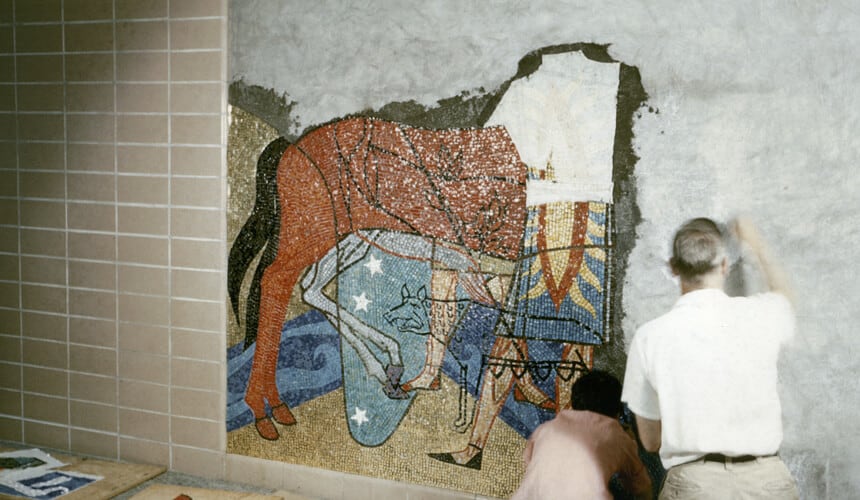 James Watrous and Oskar Hagen at work on the mosaic "Ancient Commerce"