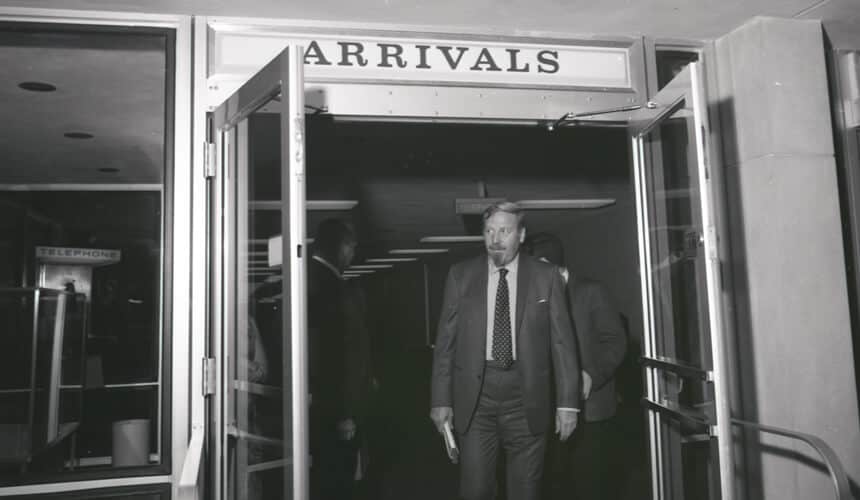 Skitch Henderson arrives at Truax airfield in Madison, Wisconsin, June 1967.
