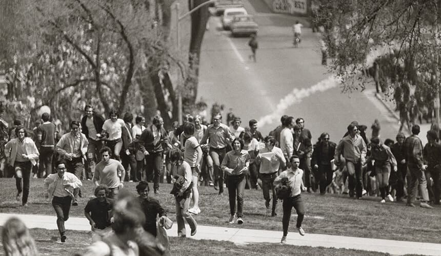 The National Guard used tear gas when protesters gather on Bascom Hill in May 1970 in response to students killed at Kent State.
