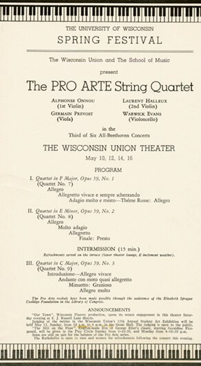 A program for a performance by the Pro Arte Quartet during the UW Spring Music Festival, date unknown.