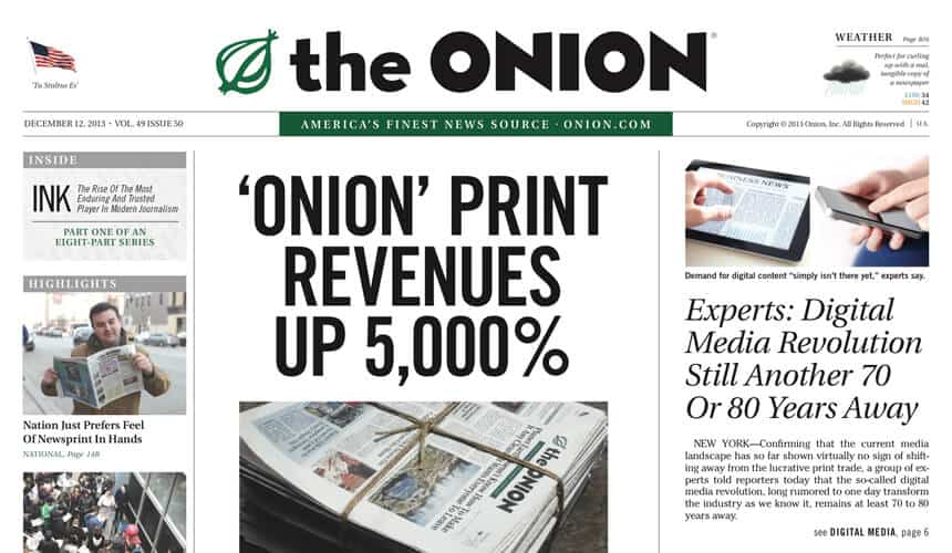 Front page of The Onion's final print issue on December 12, 2013.