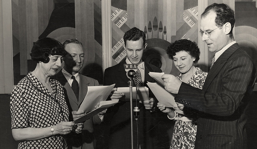 The French Program players gathered around a microphone with their scripts, performing for WHA’s College of the Air.