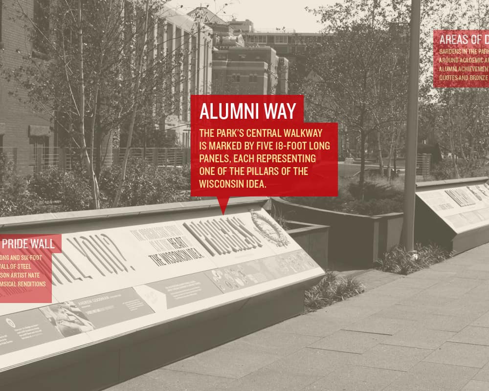 Alumni Way - The park's central walkway is marked by five 18-foot long panels, each representing one of the pillars of the Wisconsin Idea.