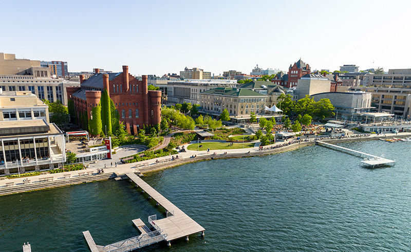 Aerial view of Alumni Park and its surrounding buildings