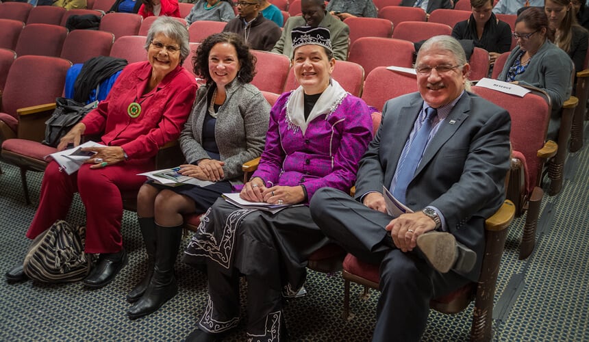 (L to R) Educator and former government official Ada Deer, U.S. Department of Agriculture (USDA)Rural Development (RD) Deputy Under Secretary Patrice Kunesh (Standing Rock Lakota), USDA Office of Tribal Relations Director Leslie Wheelock (Oneida) and the U.S. Forest Service Deputy Under Secretary Butch Blazer (Mescalero Apache) attend USDA's Native American Heritage Month observance at the Jefferson Auditorium at USDA on Thursday, Nov. 13, 2014.