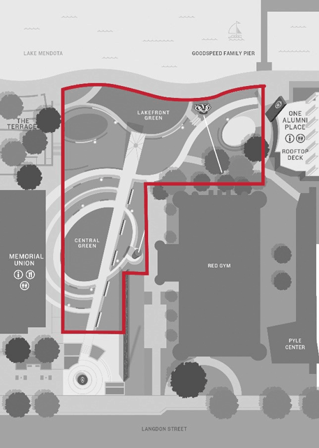 Map of where alcohol from the Wisconsin Union is allowed in Alumni Park.