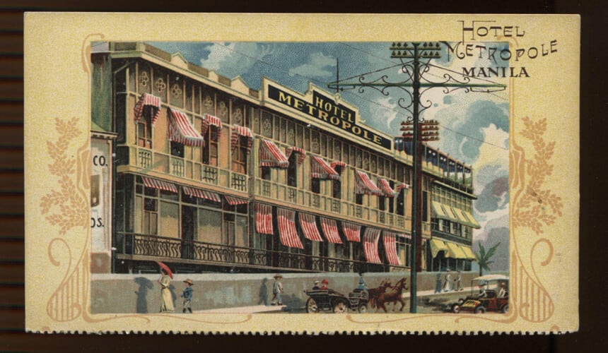 A vintage postcard of the hotel where one of the earliest international alumni events took place in Manila.