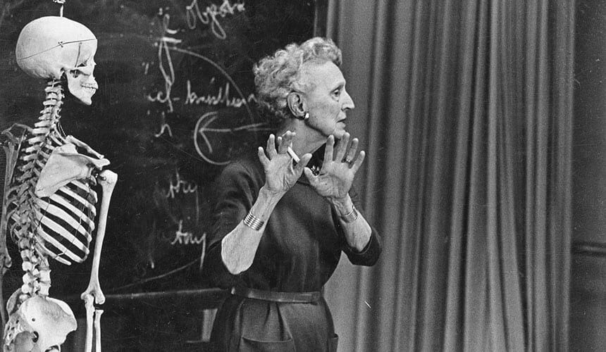 H’Doubler in about 1965 with her favorite sidekick: a skeleton that she used in classes to discuss human anatomy.