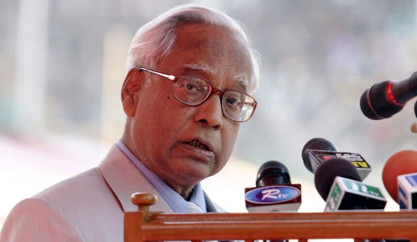Iajuddin Ahmed addresses a parade during Victory day celebrations in Dhaka