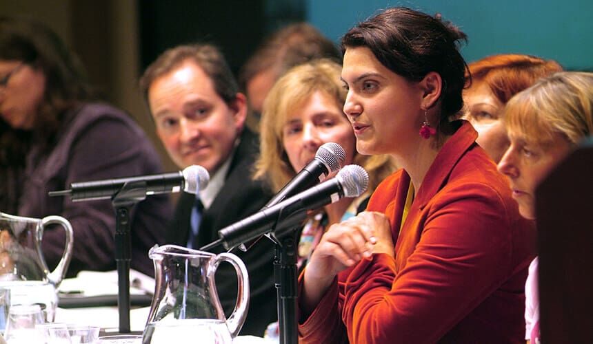 Jensine Larsen answering questions on a panel. (Photos courtesy of Meredith Hutchison.) Jensine Larsen answering questions on a panel.