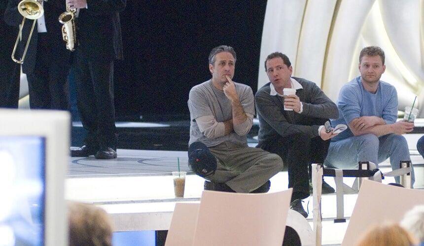 Host Jon Stewart, Daily Show writer/co-producer Ben Karlin, writer David Javerbaum.