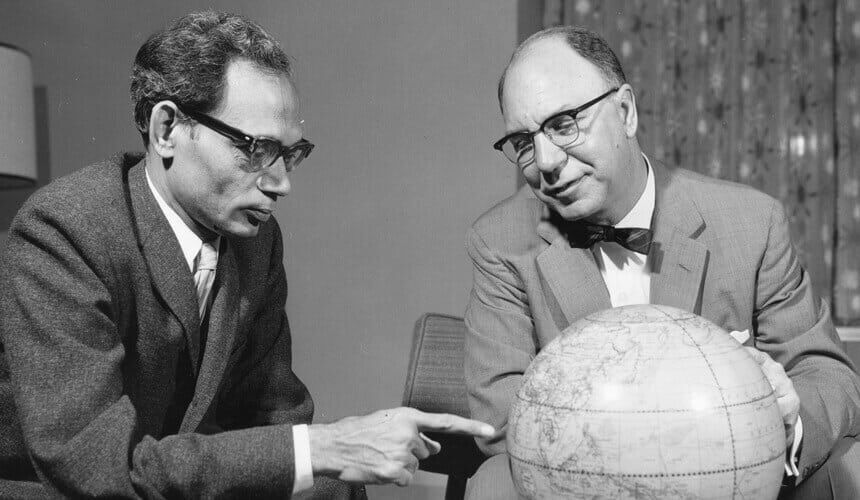 Wedemeyer, right, hosted a visitor from a university in India. The year is thought to be 1963. (Image courtesy of UW Archives, #S01149.) Wedemeyer, right, hosted a visitor from a university in India. The year is thought to be 1963.