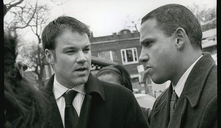 Don Fraynd talking with a gentleman at the UW-Madison. (Photo by Sandra Steinbrecher.) Don Fraynd talking with a gentleman at the UW-Madison.