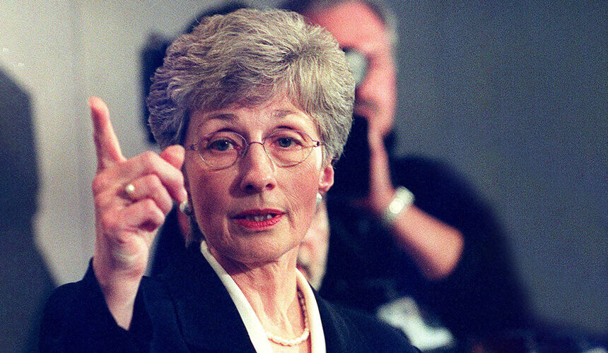 Doris Meissner, commissioner of the US Immigration and Naturalization Service(INS), speaks to reporters 05 January, 2000 regarding the custody battle over Cuban refugee boat survivor six-year-old Elian Gonzalez during a press conference at the INS in Washington, DC. (Image courtesy of WILLIAM PHILPOTT/AFP/Getty Images.) Doris Meissner