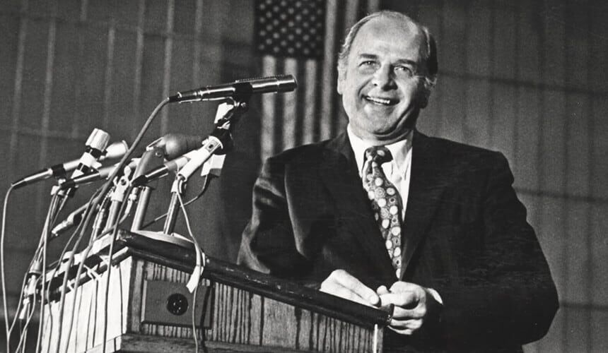 Gaylord Nelson speaks about Earth Day to a campus crowd on April 18, 1972.