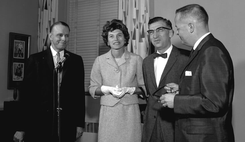 Shown at the opening of the Joseph P. Kennedy, Jr. Memorial Laboratories, left to right, are Conrad Elvehjem, Eunice Kennedy Shriver, Harry Waisman, and John Bowers. (Image courtesy of the UW Archives, #S00203.) Shown at the opening of the Joseph P. Kennedy, Jr. Memorial Laboratories, left to right, are Conrad Elvehjem, Eunice Kennedy Shriver, Harry Waisman, and John Bowers.