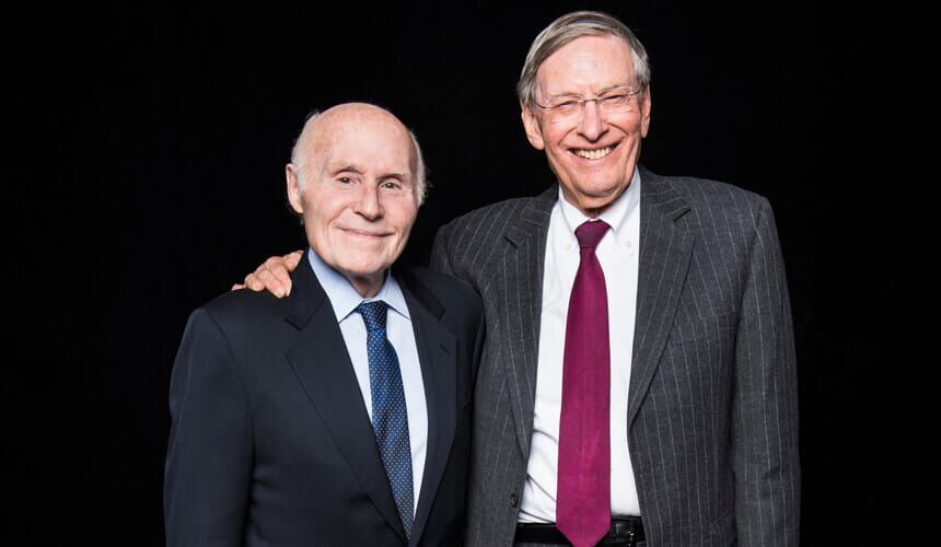 Former U.S. Senator Herb Kohl, at left, and commissioner emeritus of baseball Allan H. "Bud" Selig are longtime friends. The two grew up together in Milwaukee and became fraternity brothers at UW-Madison before graduating in 1956.(Image courtesy of University Communications, #8343.) Herb Kohl and Allan H. "Bud" Selig