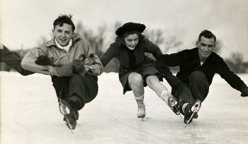 UW students on the ice in 1941. (Image courtesy of UW Digital Collections.) UW students on the ice in 1941.