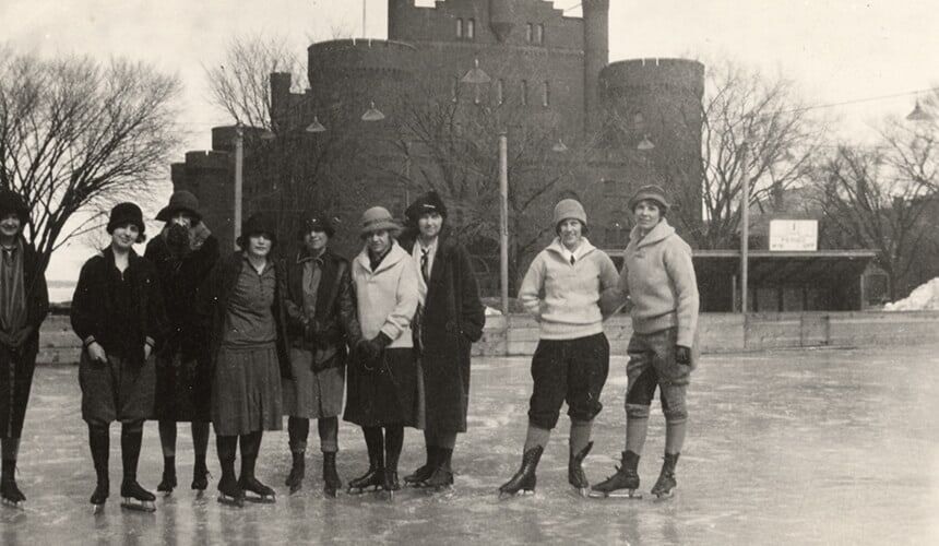 The 1922 Ice Carnival offered the campus the chance to skate or play hockey on frozen Lake Mendota. (Image courtesy of UW Archives, #S16752.) UW students ice skating in what is now called Library Mall. The iconic Red Gym is in the background.