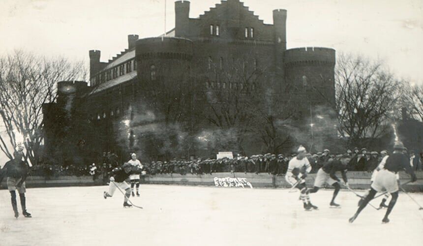 UW students ice skating in what is now called Library Mall. The iconic Red Gym is in the background. (Image courtesy of UW Archives, #S16752.) The 1922 Ice Carnival offered the campus the chance to skate or play hockey on frozen Lake Mendota.
