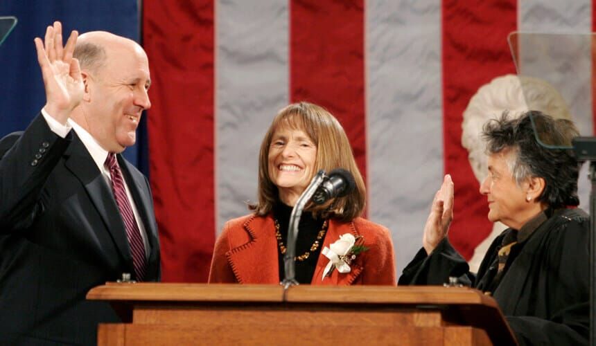 Wisconsin Gov. Jim Doyle, left, takes the oath of office from Wisconsin Supreme Court Chief Justice Shirley Abrahamson during a swearing in ceremony at the State Capitol in 2007. (Image courtesy of AP Photo / Andy Manis.) Wisconsin Gov. Jim Doyle during a swearing in ceremony at the State Capitol