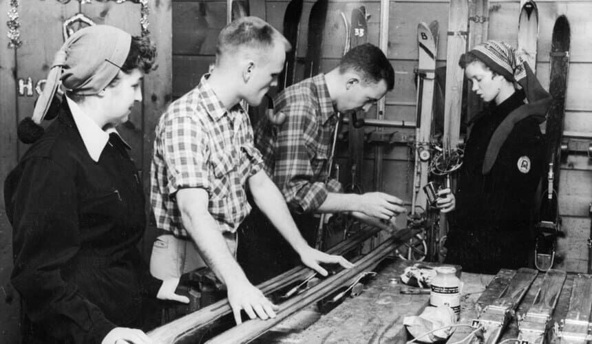 Hoofers ski club members prepare for the slopes, 1940s. (Image courtesy of the UW Digital Collections Center.) Members preparing their equipment for the slopes.