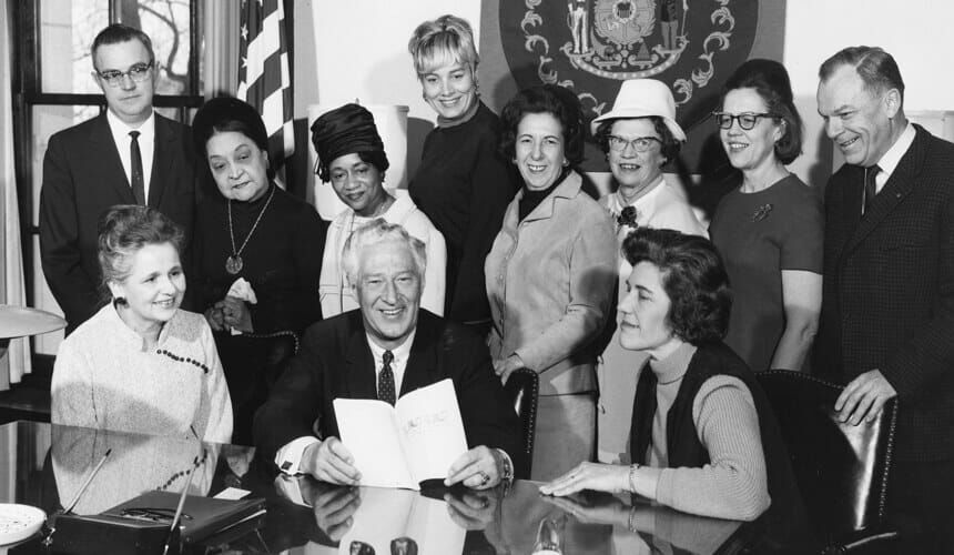 Kathryn Clarenbach, at right, with Wisconsin Governor Warren Knowles during a 1967 conference of the Commission on the Status of Women. (Image courtesy of the UW Archives, #S00153.) Kathryn Clarenbach with Wisconsin Governor Warren Knowles and others.