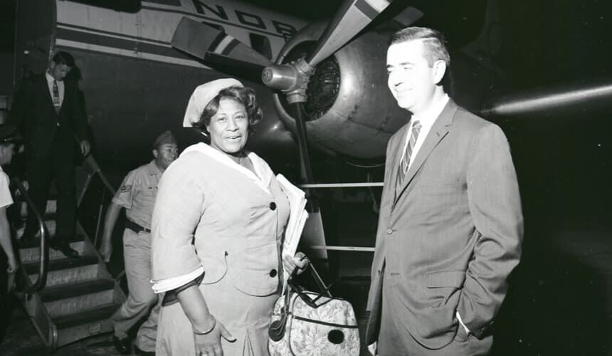 Ella Fitzgerald arrives at Truax airfield in Madison, Wisconsin, June 1967.