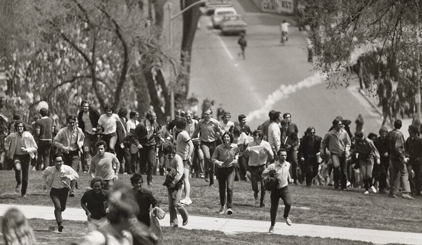 The National Guard used tear gas when protesters gather on Bascom Hill in May 1970 in response to students killed at Kent State. (Image courtesy of UW Digital Collections.) The National Guard used tear gas when protesters gather on Bascom Hill in May 1970 in response to students killed at Kent State.