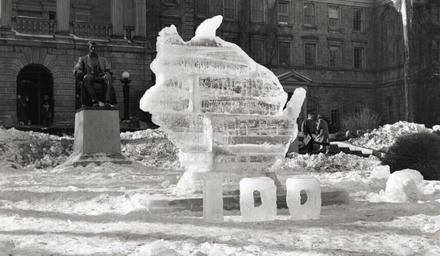 Wisconsin ice sculpture. (Image courtesy of the UW Archives, #S16693.) Wisconsin ice sculpture.