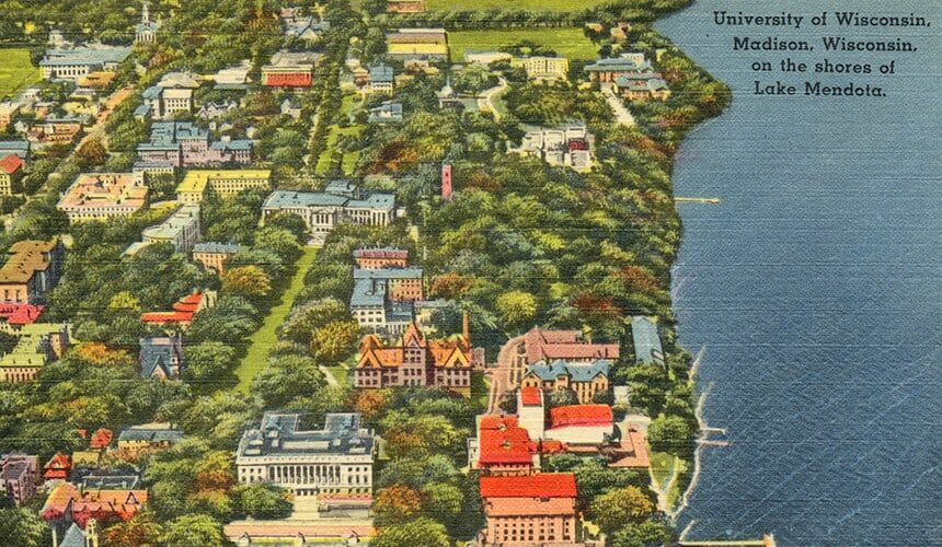 Aerial illustration of campus in Wiscetiquette, 1952. (Image courtesy of the UW Digital Collections.) Aerial illustration of campus in Wiscetiquette, 1952.