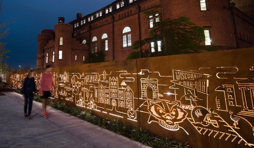 The Badger Pride Wall at night. (Photo by Joseph Leute.)