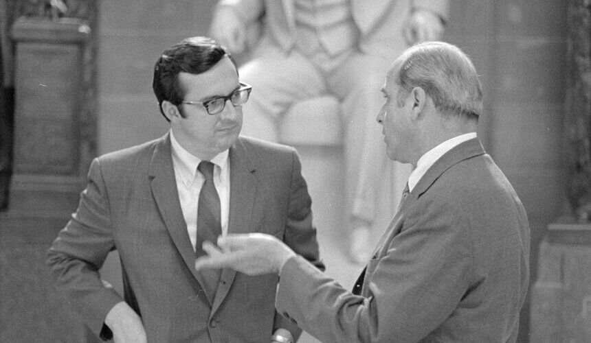 Congressman David R. Obey talking with Senator Gaylord Nelson. (Image courtesy of the Wisconsin Historical Society, #89414.) Congressman David R. Obey and Senator Gaylord Nelson posed talking in front of the statue of Robert M. La Follette, Sr.