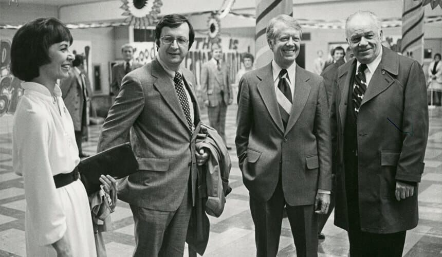 President Jimmy Carter poses with Congressman David R. Obey, his wife, Joan Obey and an unknown man. (Image courtesy of the Wisconsin Historical Society, #108736.) President Jimmy Carter poses with Congressman David R. Obey, his wife, Joan Obey and an unknown man.