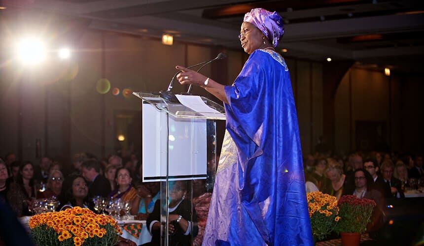 Florence Chenoweth speaking at Global Ambassadors event.