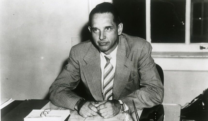 John Vincent Atanasoff sitting at his desk at Iowa State University. (Image courtesy of Special Collections and University Archives / Iowa State University Library.) John Vincent Atanasoff sitting at his desk at Iowa State University.