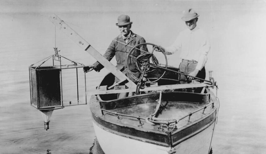 Birge and Juday plankton: Birge and Juday with a plankton trap on Lake Mendota, circa 1917. (Image courtesy of the UW Digital Collections Center.) Birge and Juday plankton: Birge and Juday with a plankton trap on Lake Mendota, circa 1917. (Image courtesy of the UW Digital Collections Center.)