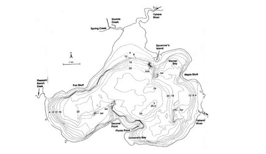 A modern hydrographic map of Lake Mendota. Depth in meters. (Image courtesy of Center for Limnology.) A modern hydrographic map of Lake Mendota. Depth in meters. (Image courtesy of Center for Limnology.)