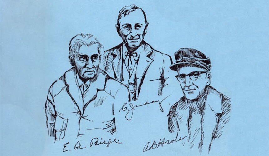 An illustration of Birge, Juday and Hasler, from the cover of Breaking New Waters.