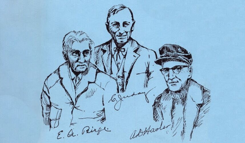 An illustration of Birge, Juday and Hasler, from the cover of Breaking New Waters.