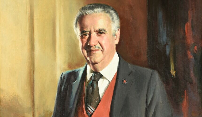 Dreyfus proudly wore a red vest while posing for his official gubernatorial portrait, painted by renowned Wisconsin artist George Pollard in 1983. (Image courtesy of the Wisconsin Historical Society.) A painted portrait of Lee Dreyfus.
