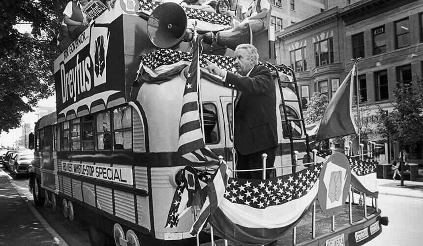 When he began his campaign for Governor, few people felt that Lee Sherman Dreyfus would be successful. Although his campaign was underfunded, he attracted much public attention because of his refitted school bus. (Image courtesy of the Wisconsin Historical Society.) Lee Dreyfus campaigning on his refitted school bus.