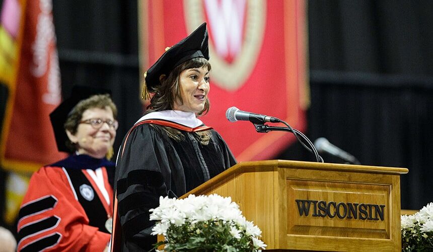 Lynsey Addario addressing the 2016 graduates and their families during the spring commencement ceremony.