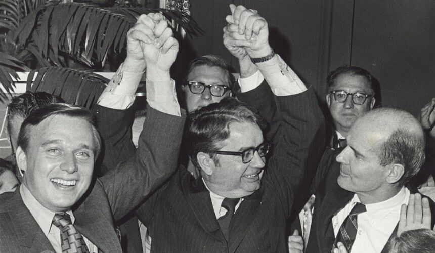 Pat Lucey raises his hands in victory. (Image courtesy of the Wisconsin Historical Society, #96394.) Pat Lucey raises his hands in victory.