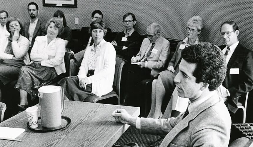 Russ Feingold speaks as part of the Wisconsin Idea Seminar at UW-Madison, 1986. (Image courtesy of the UW Archives.) Russ Feingold speaks as part of the Wisconsin Idea Seminar.